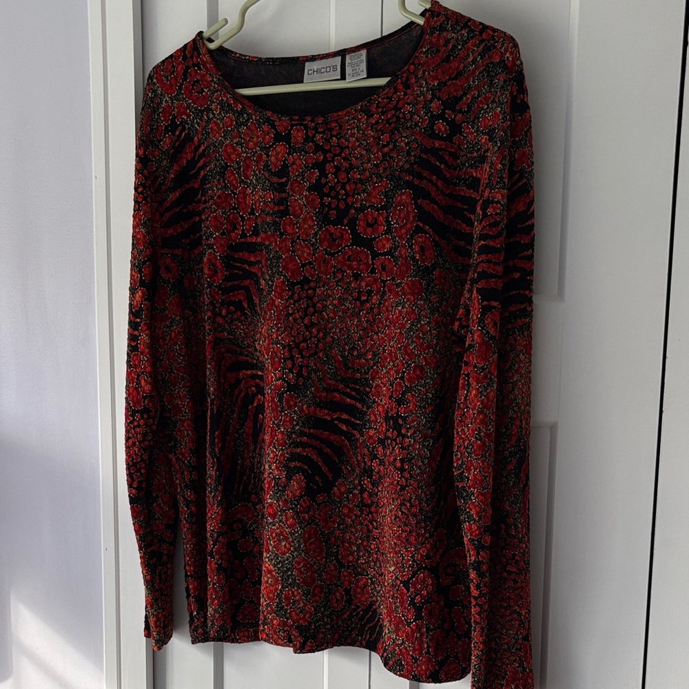 Chico's Vibrant Deep Orange‎ Black Gold Eclectic Animal Pattern Long Sleeve Top